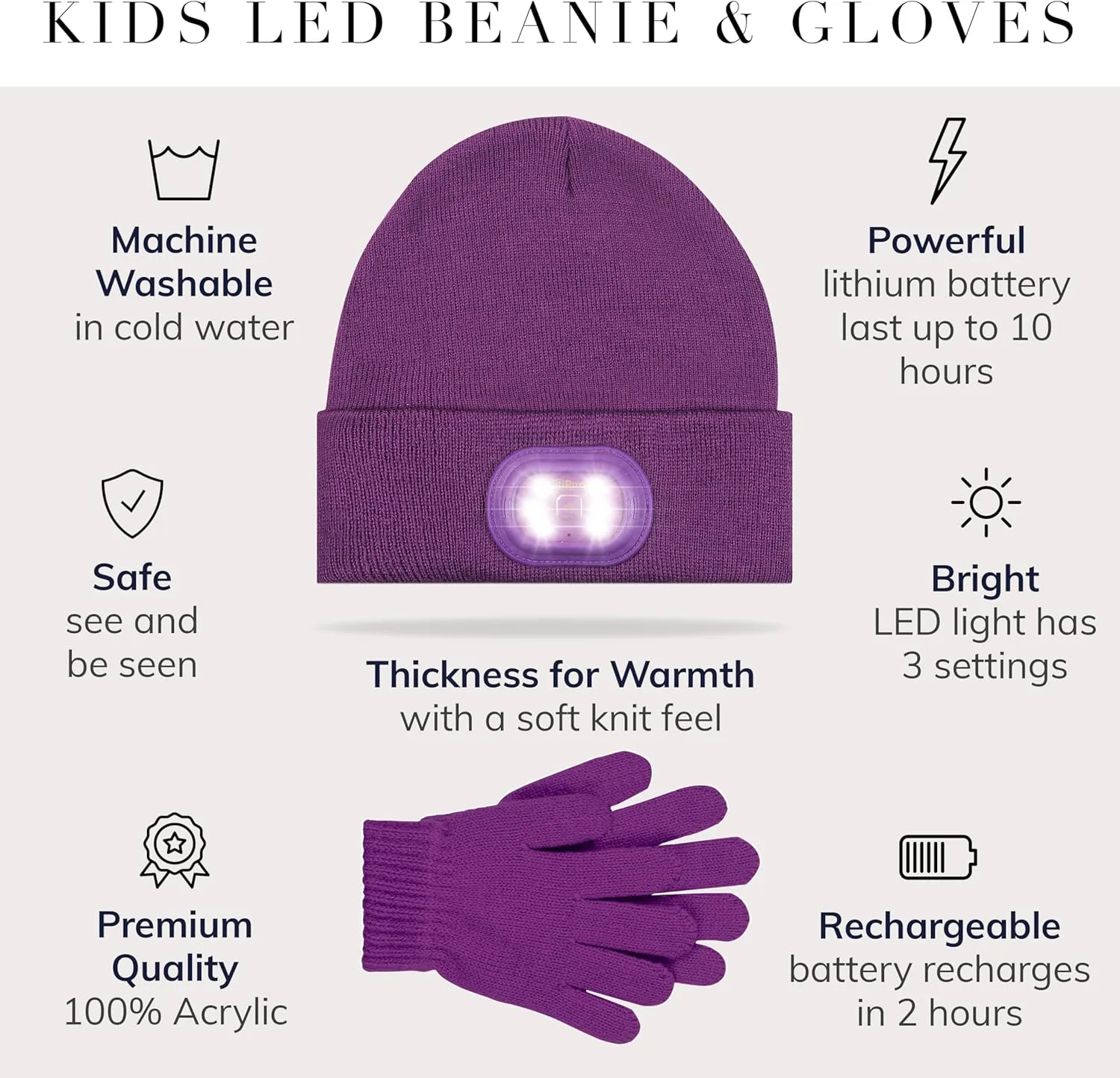 Headlightz by Roq Innovation - Kids Beanie with Light & Glove Set - Unisex LED Beanie Hat with Light Built in, Rechargeable