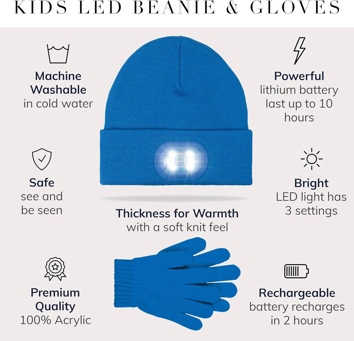 Headlightz by Roq Innovation - Kids Beanie with Light & Glove Set - Unisex LED Beanie Hat with Light Built in, Rechargeable