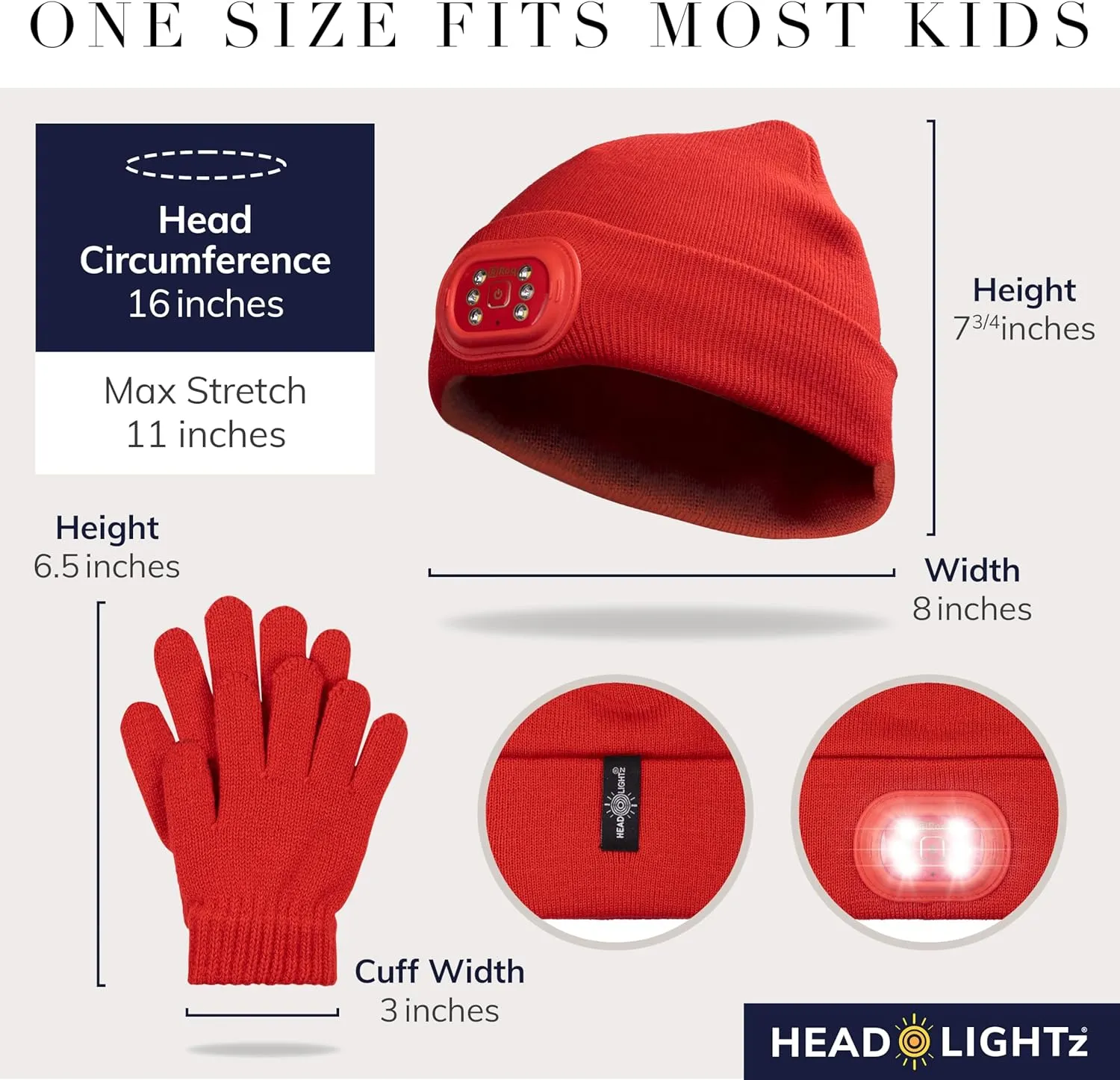 Headlightz by Roq Innovation - Kids Beanie with Light & Glove Set - Unisex LED Beanie Hat with Light Built in, Rechargeable