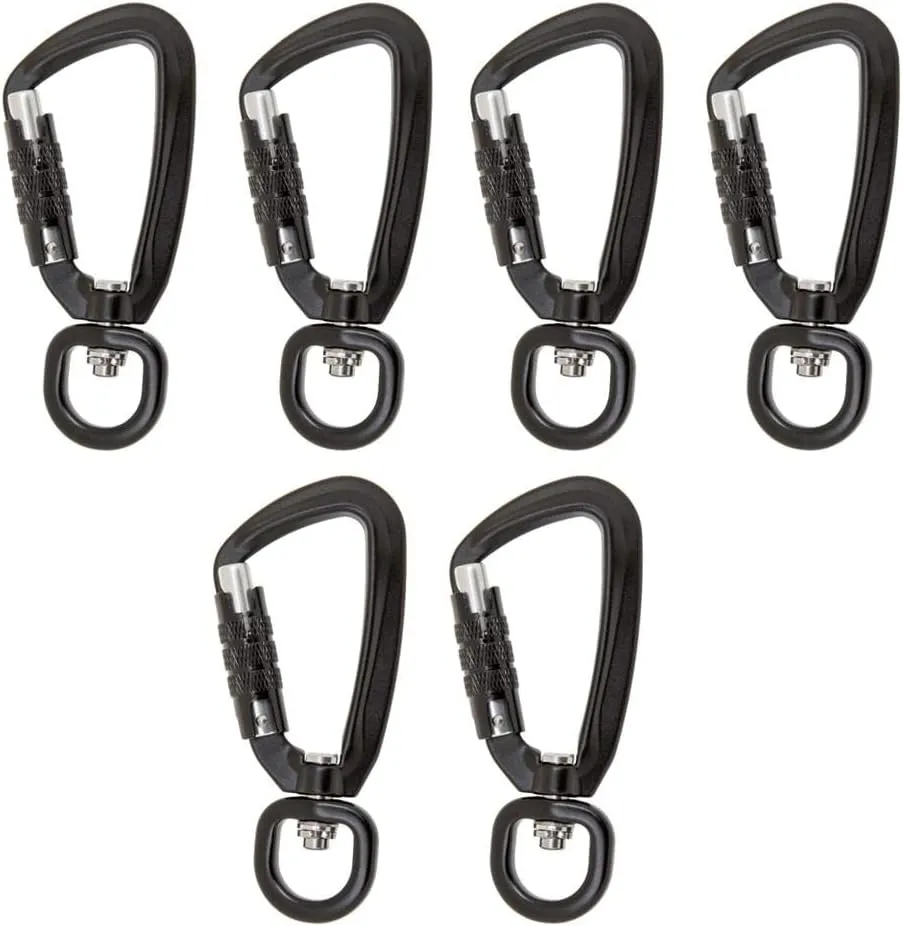 Heavy Duty 6 Pack Auto Locking Carabiners 500KG Screwgate Clip for Hiking Camping Hammocks with Swivel Hook Utility Keychain - Aluminum Black D-Ring
