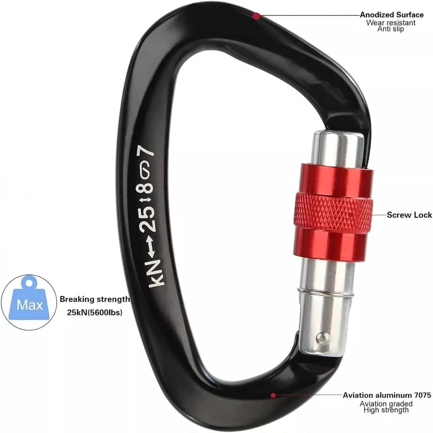 Heavy Duty Screwgate Locking Carabiner D Shape for Rappelling and Mountaineering, 5pcs
