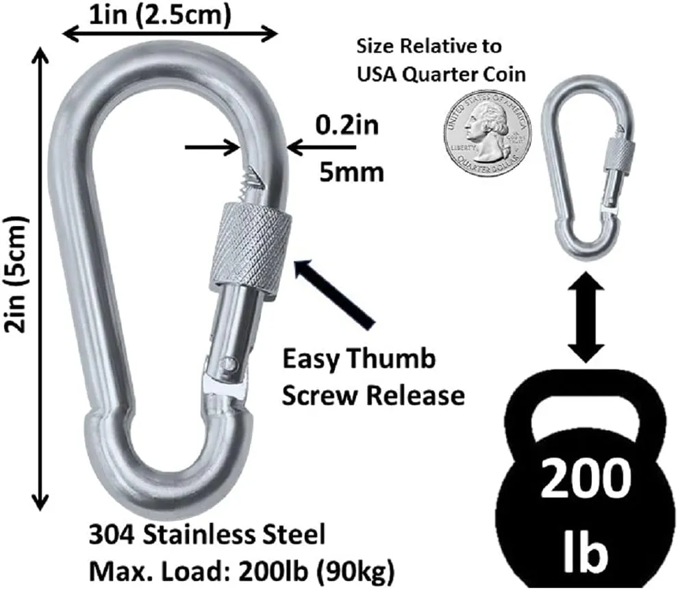 Heavy Duty Stainless Steel Thumb Screw Locking Carabiner Spring Snap Clip Link Hooks. 200-400lb Load. 6 Packs and 12 Packs