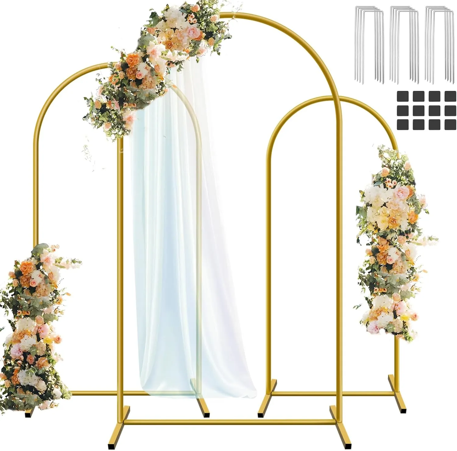 HEMMOTOP Metal Arch Backdrop Stand Set of 3, 6 ft/ 5 ft/ 4 ft Party Arch Stands for Wedding, Birthday, Baby Shower, Bridal Shower - Balloon Arched Frame for Garden Decor, Gold Floral Arches, 3 Pieces