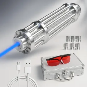High Power 1500m Blue Pointer Flashlight, Adjustable Focal Length, Rechargeable/with Goggles and Battery/Aluminum case, Suitable for All Kinds of Outdoor Activities.