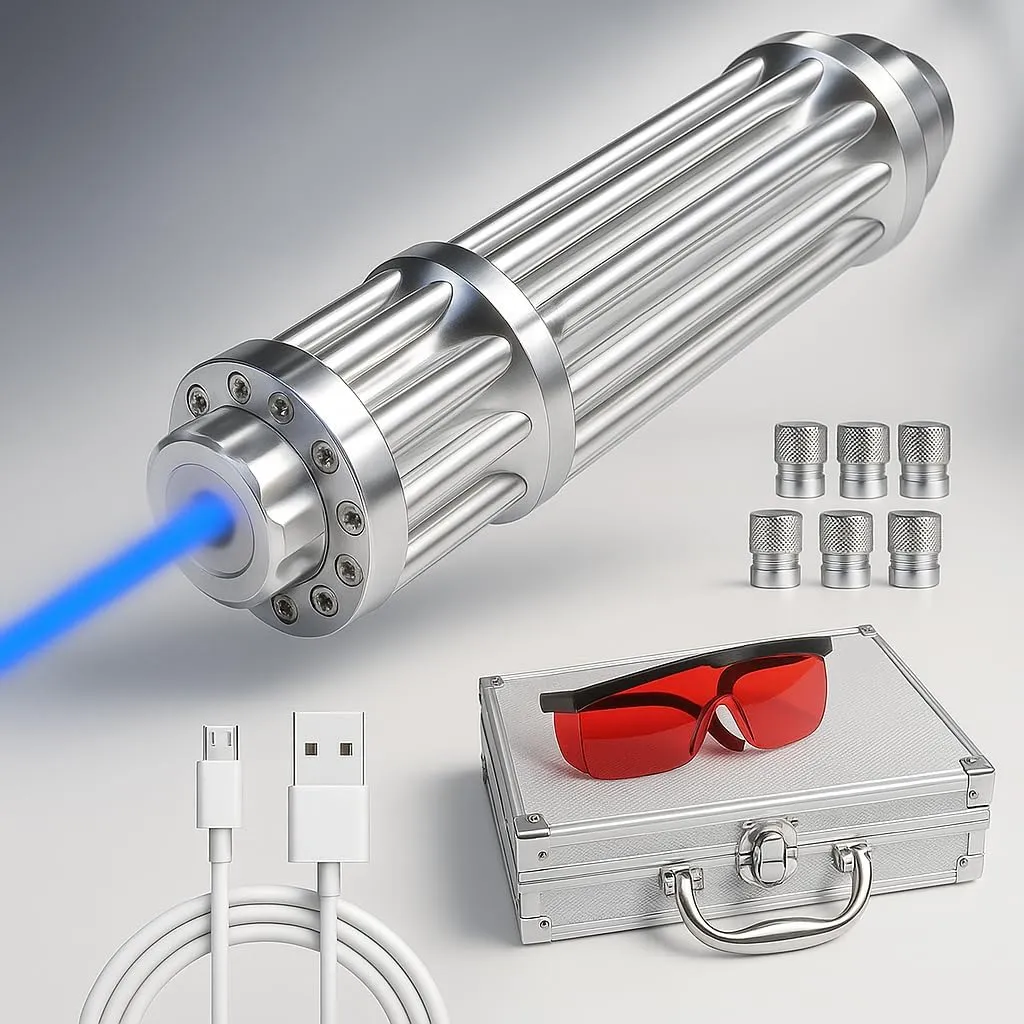 High Power 1500m Blue Pointer Flashlight, Adjustable Focal Length, Rechargeable/with Goggles and Battery/Aluminum case, Suitable for All Kinds of Outdoor Activities.