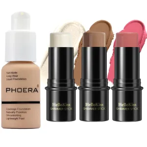 Hilareco PHOERA Foundation,3 PCS Contour Stick Makeup Kit,Shades with Highlighter Stick,Blush Stick and Bronzer Contour (104 Light-Medium Contour/Buff Beige #02,#10,#12)