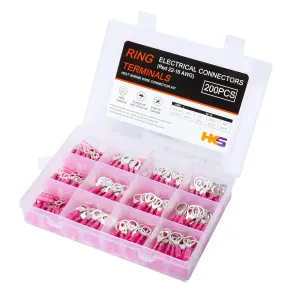 HKS 200PCS Heat Shrink Ring Terminals -Red 22-16 AWG - Tinned Red Copper 0.7mm 4 Sizes #10,1/4",5/16",3/8" - Marine Electrical Wire Connector Kit - Waterproof and Insulated Crimp Terminals Set