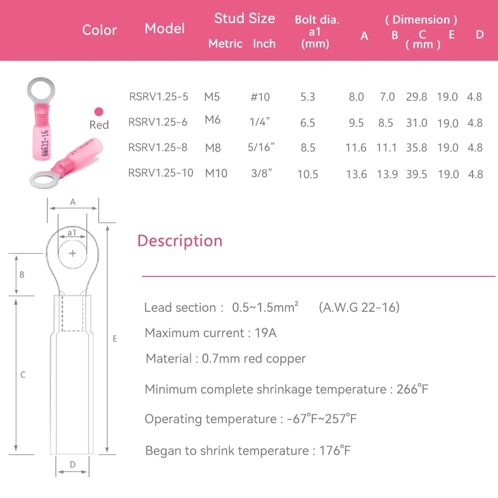HKS 200PCS Heat Shrink Ring Terminals -Red 22-16 AWG - Tinned Red Copper 0.7mm 4 Sizes #10,1/4",5/16",3/8" - Marine Electrical Wire Connector Kit - Waterproof and Insulated Crimp Terminals Set