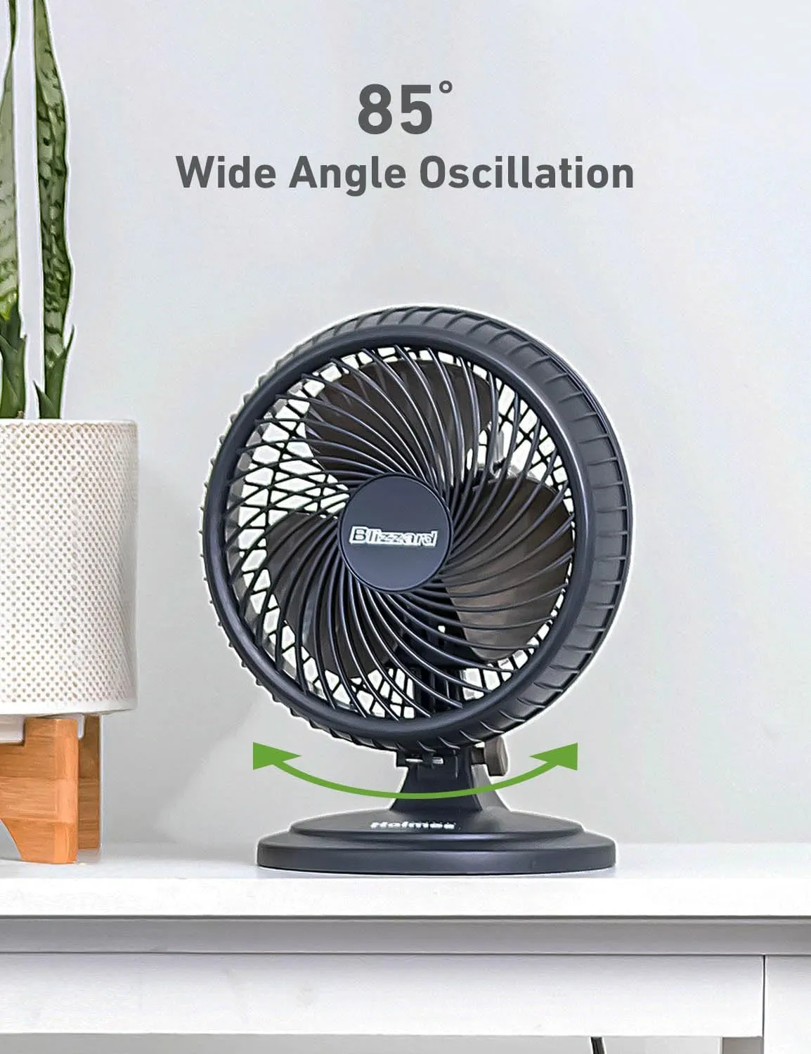 HOLMES BLIZZARD 7" Table Fan, 2 Speeds, 3 Blades, 85° Oscillation, 20° Adjustable Head, Home, Bedroom and Office, Charcoal Matte