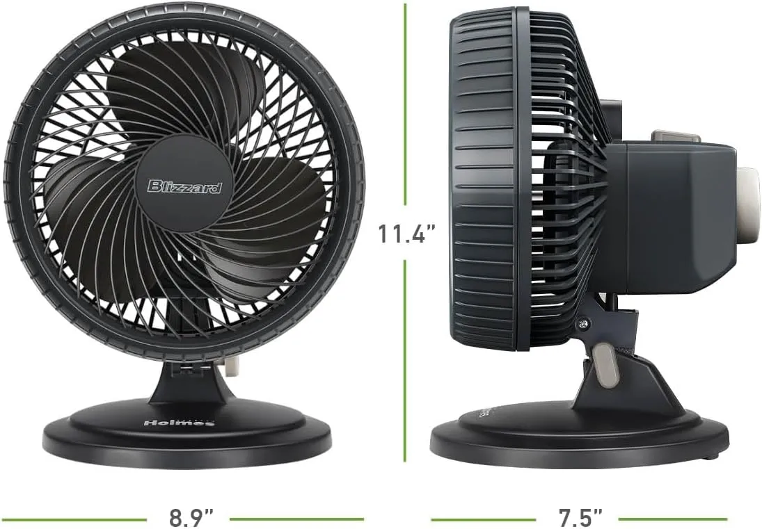 HOLMES BLIZZARD 7" Table Fan, 2 Speeds, 3 Blades, 85° Oscillation, 20° Adjustable Head, Home, Bedroom and Office, Charcoal Matte