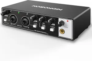 HOSONGIN 2i2 USB Audio Interface for Beginners - 24Bit/192kHz, 48V Phantom Power, Plug & Play Recording for Podcast/Vocals/Guitar/Youtube, PC/Mac/iOS Compatible (Black Metal)
