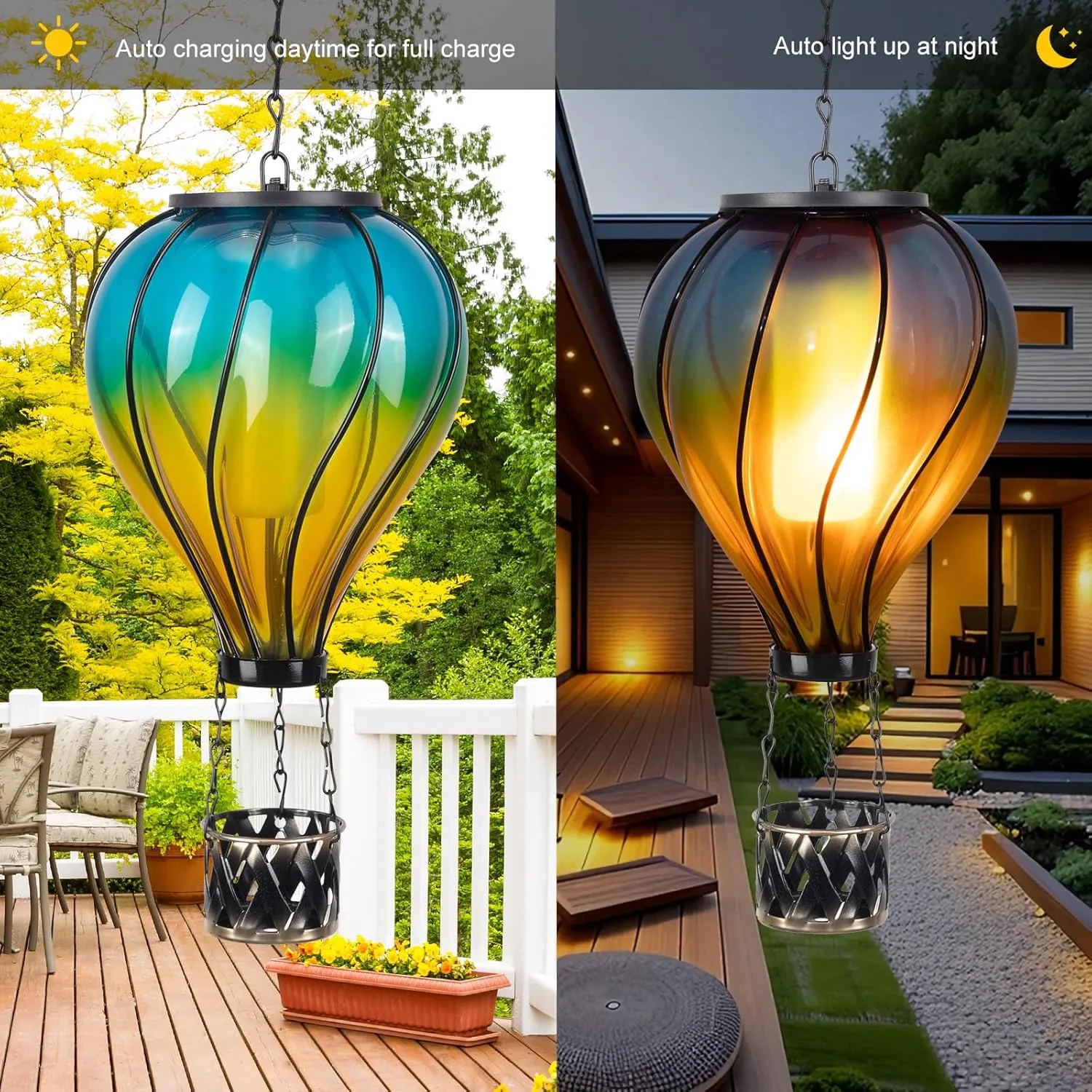 Hot Air Balloon Hanging Solar Lantern Lights,Flickering Flame Solar Lantern Outdoor Garden Decorative Metal & Glass Waterproof Lanterns for Garden Patio Pathway Yard Porch Decor Halloween Gift