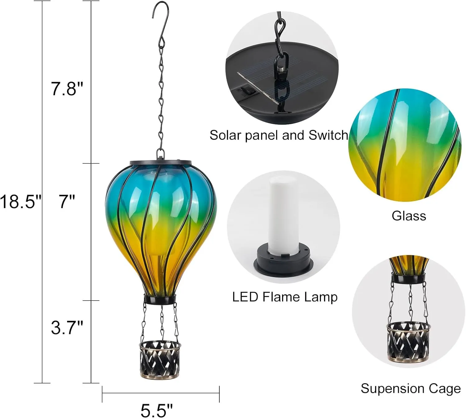 Hot Air Balloon Hanging Solar Lantern Lights,Flickering Flame Solar Lantern Outdoor Garden Decorative Metal & Glass Waterproof Lanterns for Garden Patio Pathway Yard Porch Decor Halloween Gift