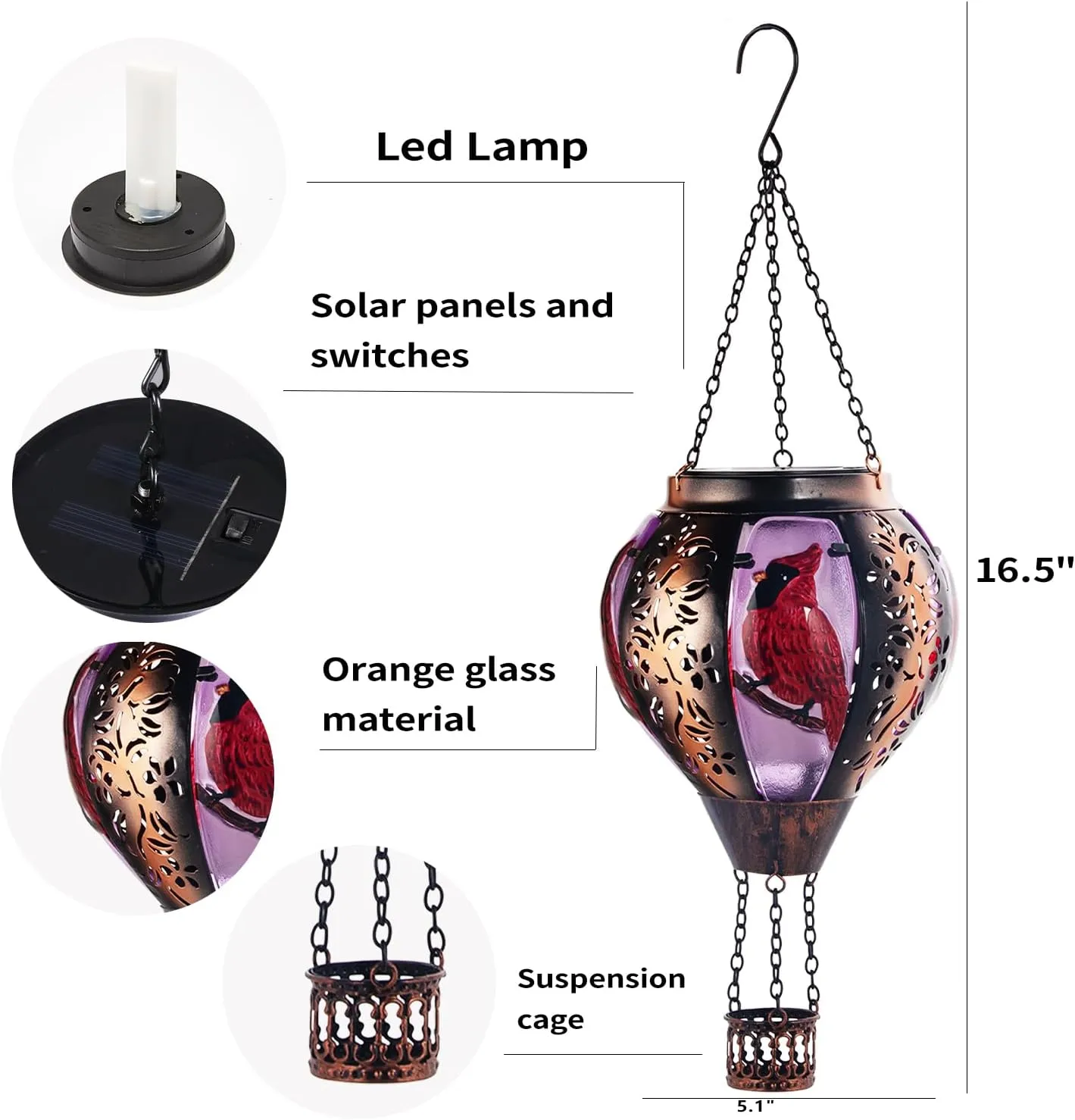 Hot Air Balloon Solar Lantern Cardinal Light with Flickering Flame LED Light Outdoor Waterproof Decorative Hanging Lights for Garden Patio Yard Porch Decor for Women Mom