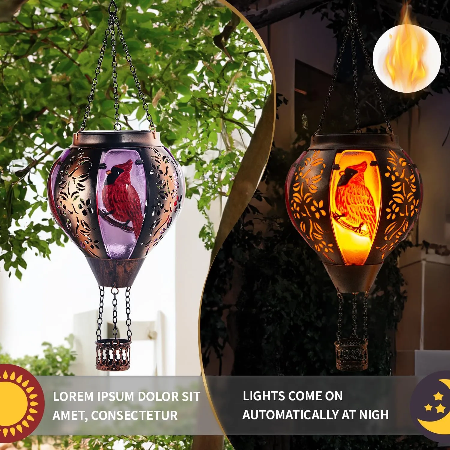 Hot Air Balloon Solar Lantern Cardinal Light with Flickering Flame LED Light Outdoor Waterproof Decorative Hanging Lights for Garden Patio Yard Porch Decor for Women Mom