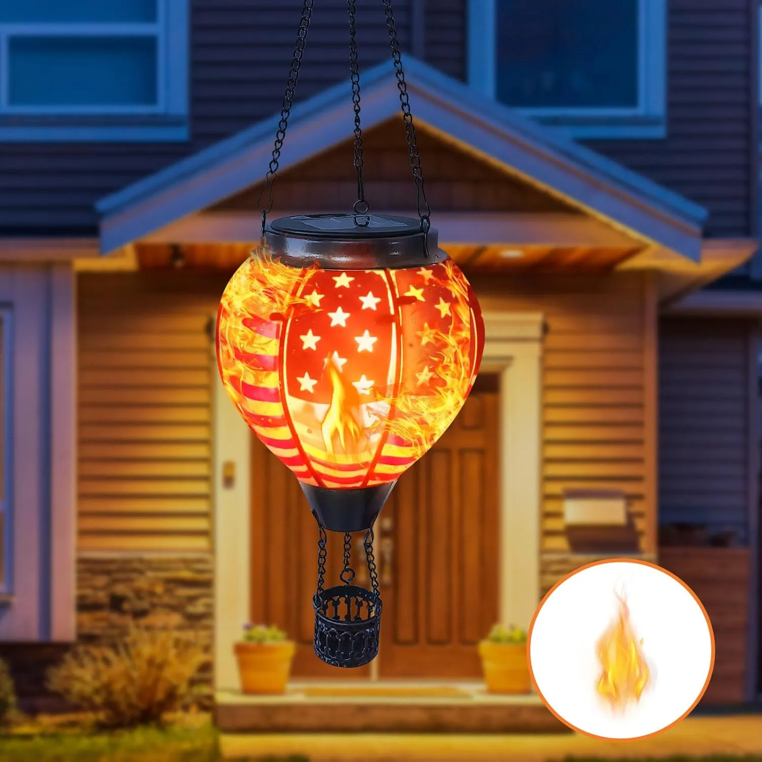 Hot Air Balloon Solar Lantern, Solar Hot Air Balloon Lantern with Flickering Flame Waterproof Solar Hot Air Balloon for Garden Yard Patio Farmhouse Decoration, Stained Glass Flag as Gift