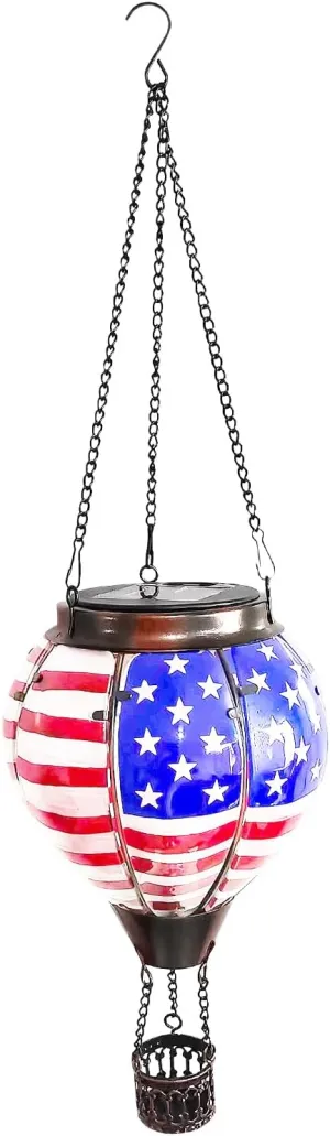 Hot Air Balloon Solar Lantern, Solar Hot Air Balloon Lantern with Flickering Flame Waterproof Solar Hot Air Balloon for Garden Yard Patio Farmhouse Decoration, Stained Glass Flag as Gift