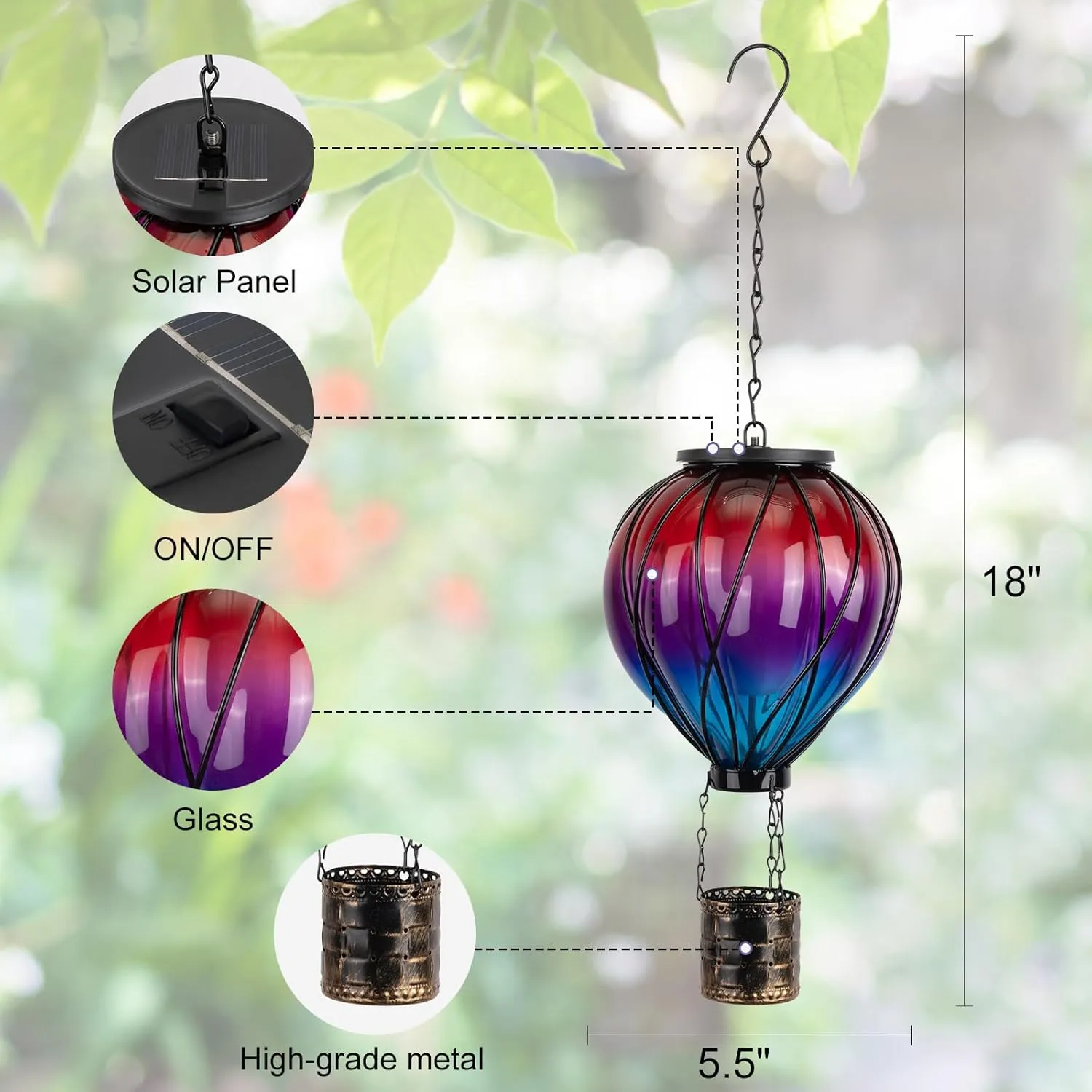 Hot Air Balloon Solar Lantern with Flickering Flame Light Outdoor Solar Hanging Lights Waterproof for Garden Yard Farmhouse Decoration