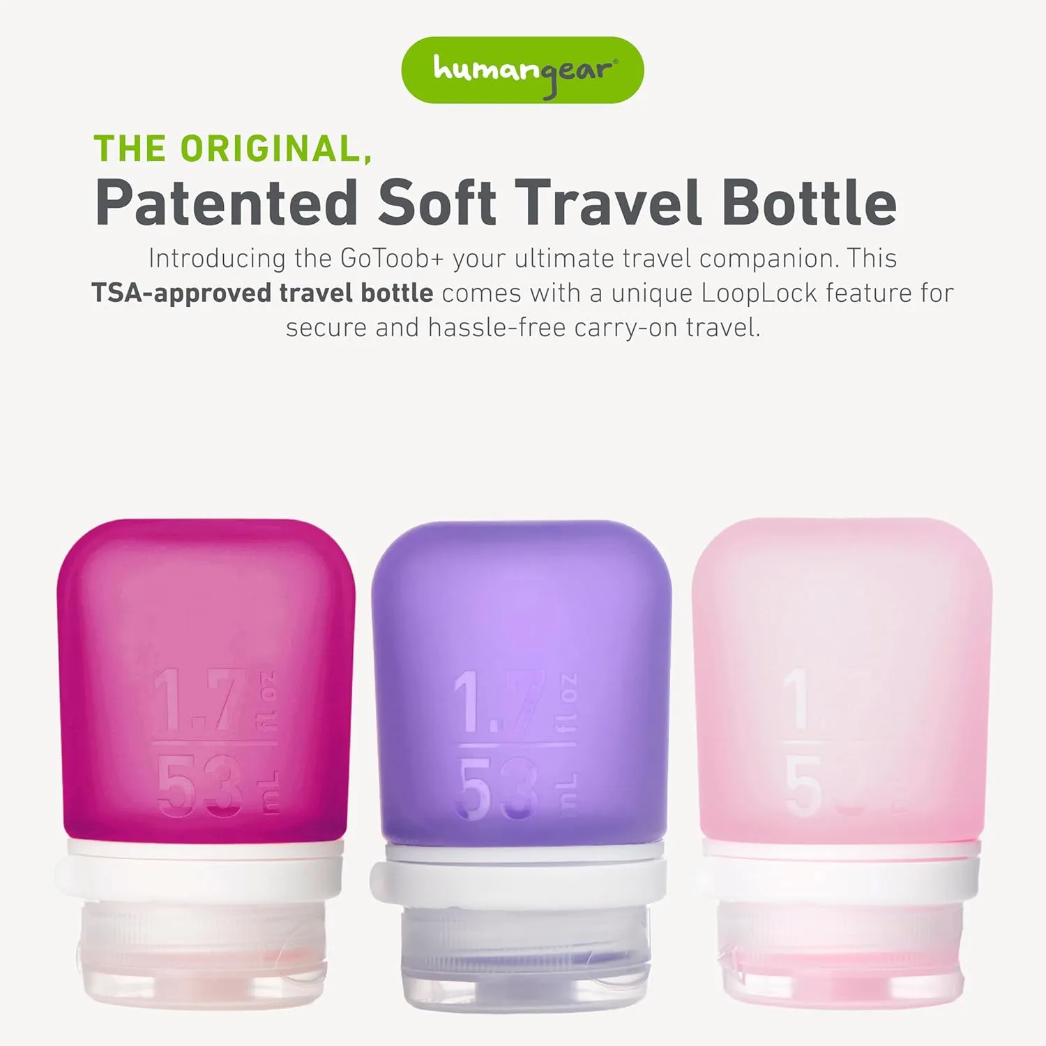 humangear GoToob  Refillable Silicone Travel Size Bottles with Locking Cap, 3pk Set, Rose/Lilac/Magenta, Small (1.7 fl.oz; 53ml)