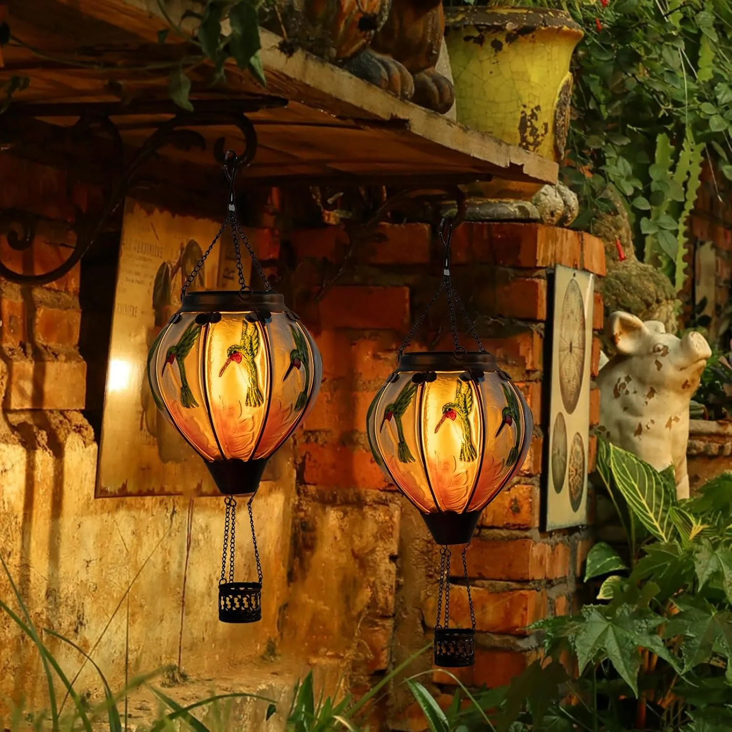 Hummingbird Hot Air Balloon Hanging Solar Lantern Lights, Flickering Flame Solar LED Candle Lights Outdoor Garden Decorative Metal & Glass Waterproof Lanterns for Yard Patio Farmhouse Decoration