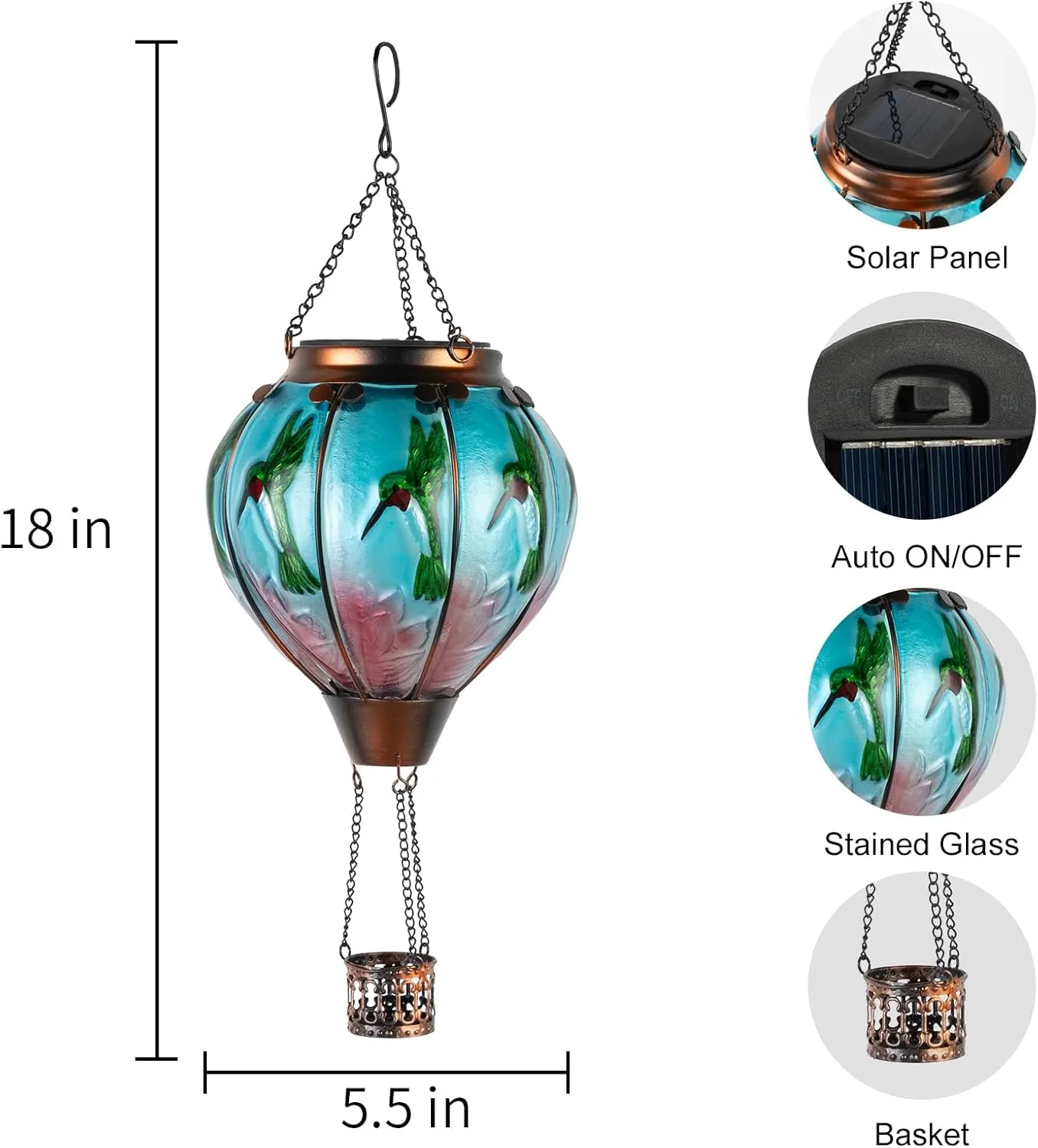 Hummingbird Hot Air Balloon Hanging Solar Lantern Lights, Flickering Flame Solar LED Candle Lights Outdoor Garden Decorative Metal & Glass Waterproof Lanterns for Yard Patio Farmhouse Decoration