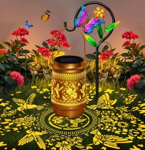 Hummingbird Solar Lantern with Butterfly Shepherd Hook, Mom Gifts for Mothers Day & Birthday, Hummingbird & Butterfly Design, Outdoor Waterproof Metal Decor for Yard, Patio, Porch, Lawn & Tabletop