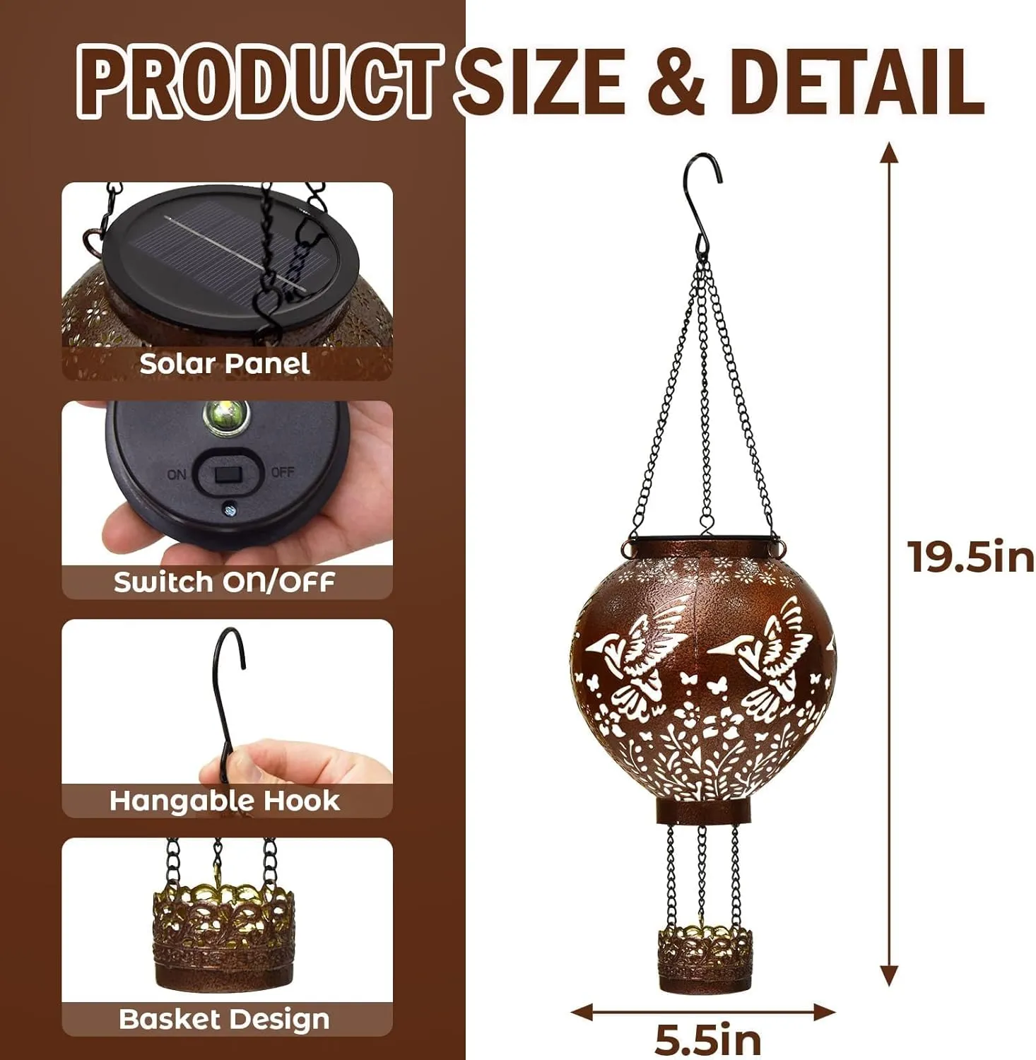 Hummingbird Solar Lanterns Outdoor Waterproof Hanging Solar Lights, Gardening Hummingbird Gifts for Women Mom Housewarming Gifts Metal LED Lantern Decorative Outdoor for Yard- Antique Bronze