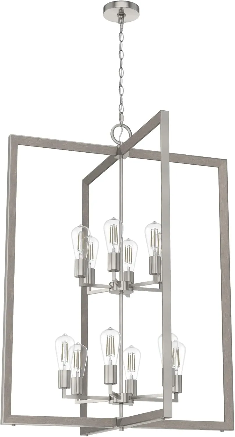 Hunter - Woodburn 12-light Brushed Nickel, Extra Large Pendant Light, Dimmable, Modern Style, Rectangle Shaped, for Bedrooms, Kitchens, Dining, Living Rooms - 19859