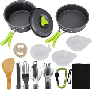HXBER Camping Cookware, 15Pcs Backpacking Gear Hiking Outdoors Non Stick Camping Cookware Set 1-2 People Lightweight Compact Pot Pan Bowls