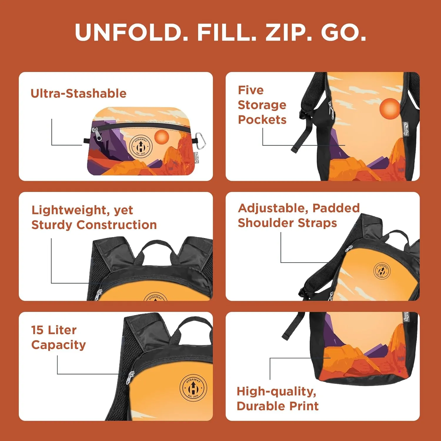 HYDAWAY Collapsible Backpack for Travel - 15L I Lightweight Packable Daypack for Backpacking, Work & Traveling I Adjustable, Foldable, Water Resistant Hiking Day Pack for Men, Women and Kids
