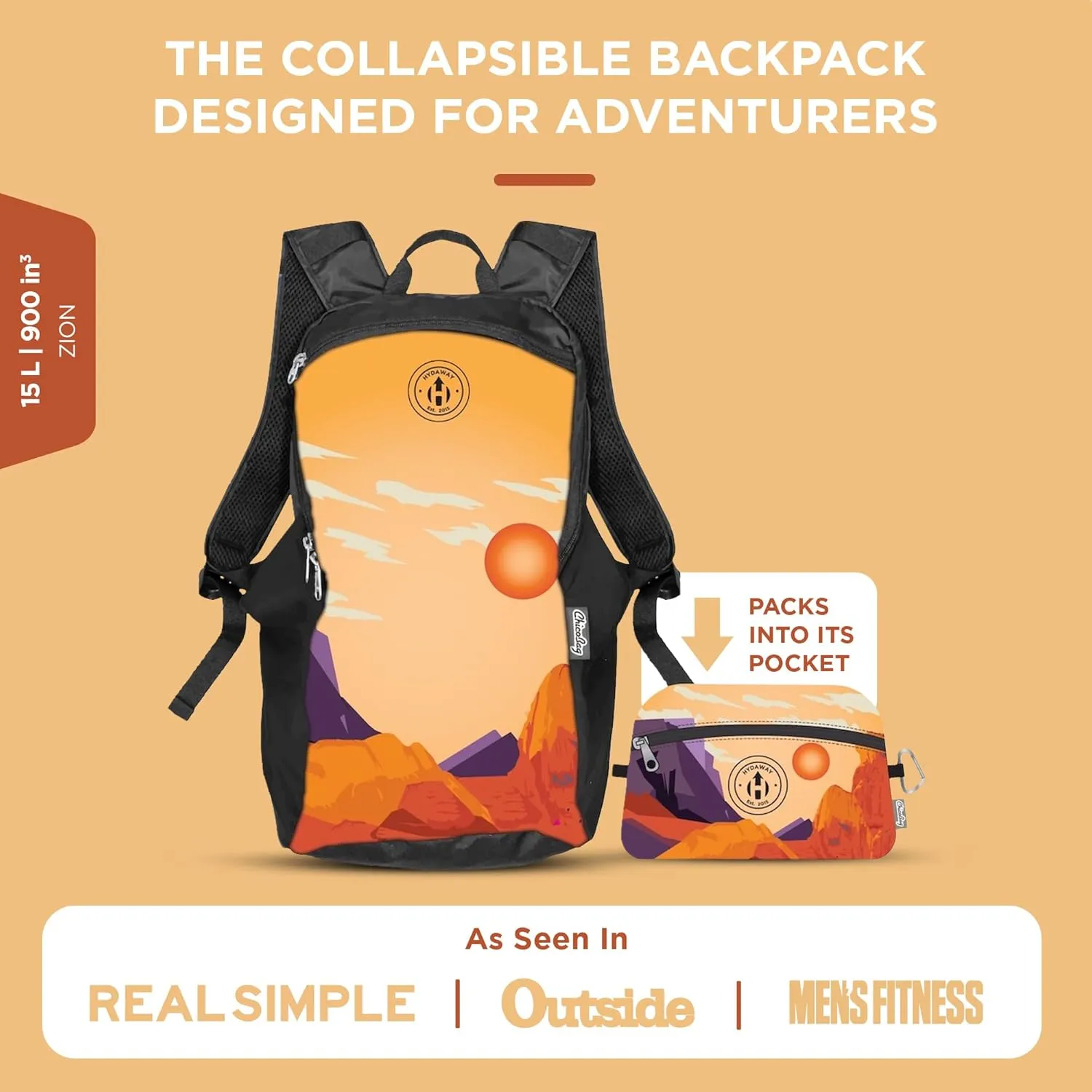 HYDAWAY Collapsible Backpack for Travel - 15L I Lightweight Packable Daypack for Backpacking, Work & Traveling I Adjustable, Foldable, Water Resistant Hiking Day Pack for Men, Women and Kids