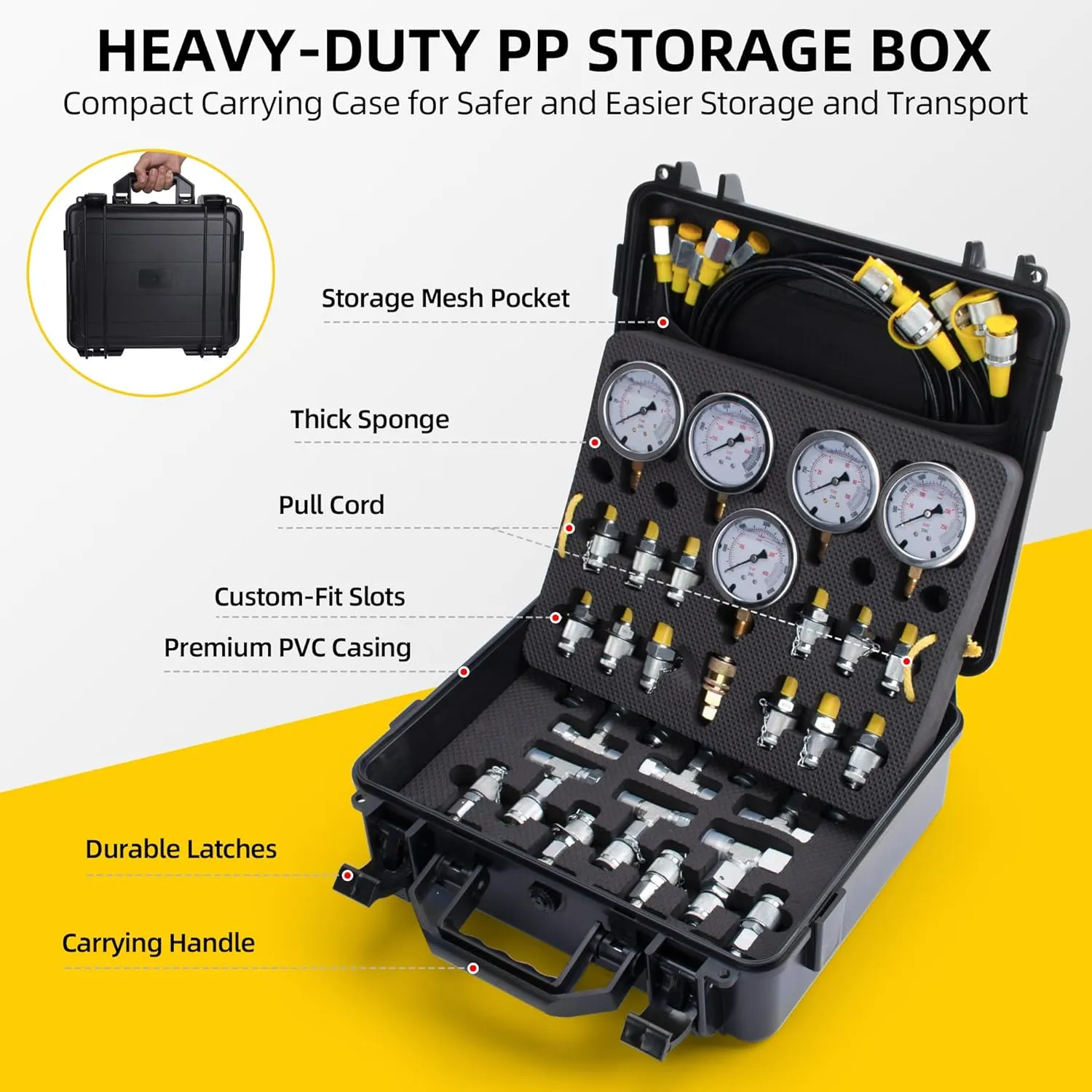 Hydraulic Pressure Test Kit with 5 Gauges(Max 10000 PSI), 13 Test Couplings 14 Tee Connectors 5 Test Hoses, Hydraulic Nitrogen Gauge Tester Set for Excavator, Construction, Machinery, and Mine