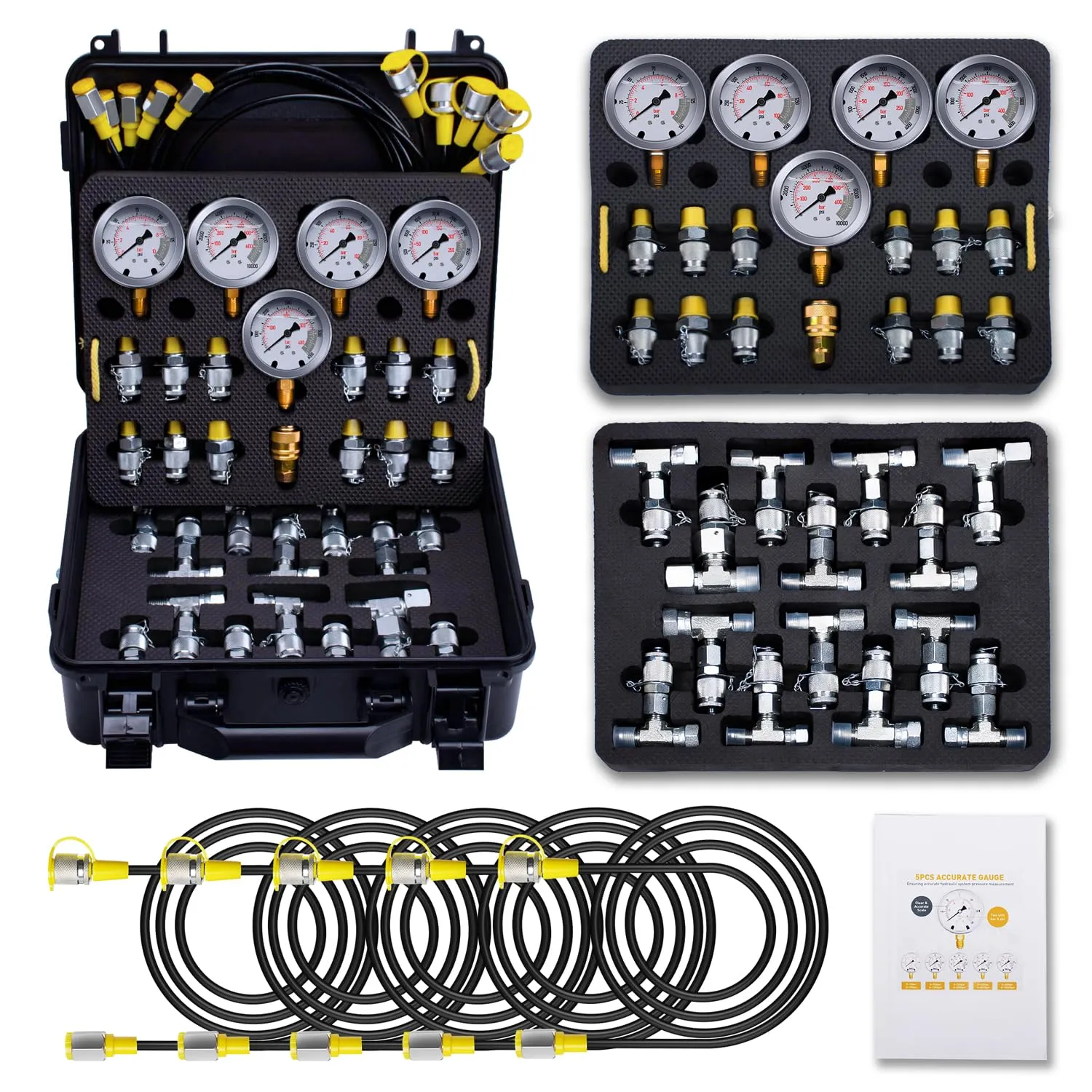 Hydraulic Pressure Test Kit with 5 Gauges(Max 10000 PSI), 13 Test Couplings 14 Tee Connectors 5 Test Hoses, Hydraulic Nitrogen Gauge Tester Set for Excavator, Construction, Machinery, and Mine