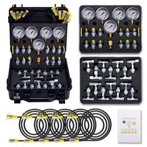 Hydraulic Pressure Test Kit with 5 Gauges(Max 10000 PSI), 13 Test Couplings 14 Tee Connectors 5 Test Hoses, Hydraulic Nitrogen Gauge Tester Set for Excavator, Construction, Machinery, and Mine