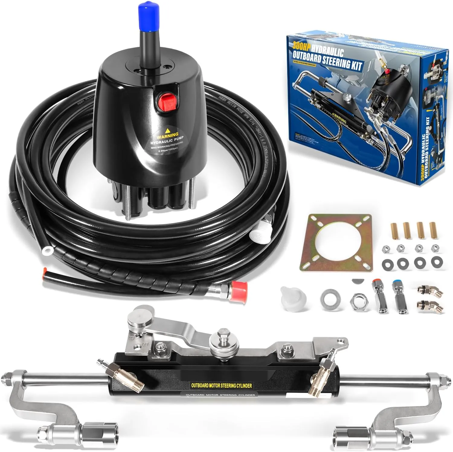 Hydraulic Steering Kit 300HP Hydraulic Steering Compact Cylinder Hydraulic Outboard Steering Kit with Helm Pump for Boat Marine Steering System
