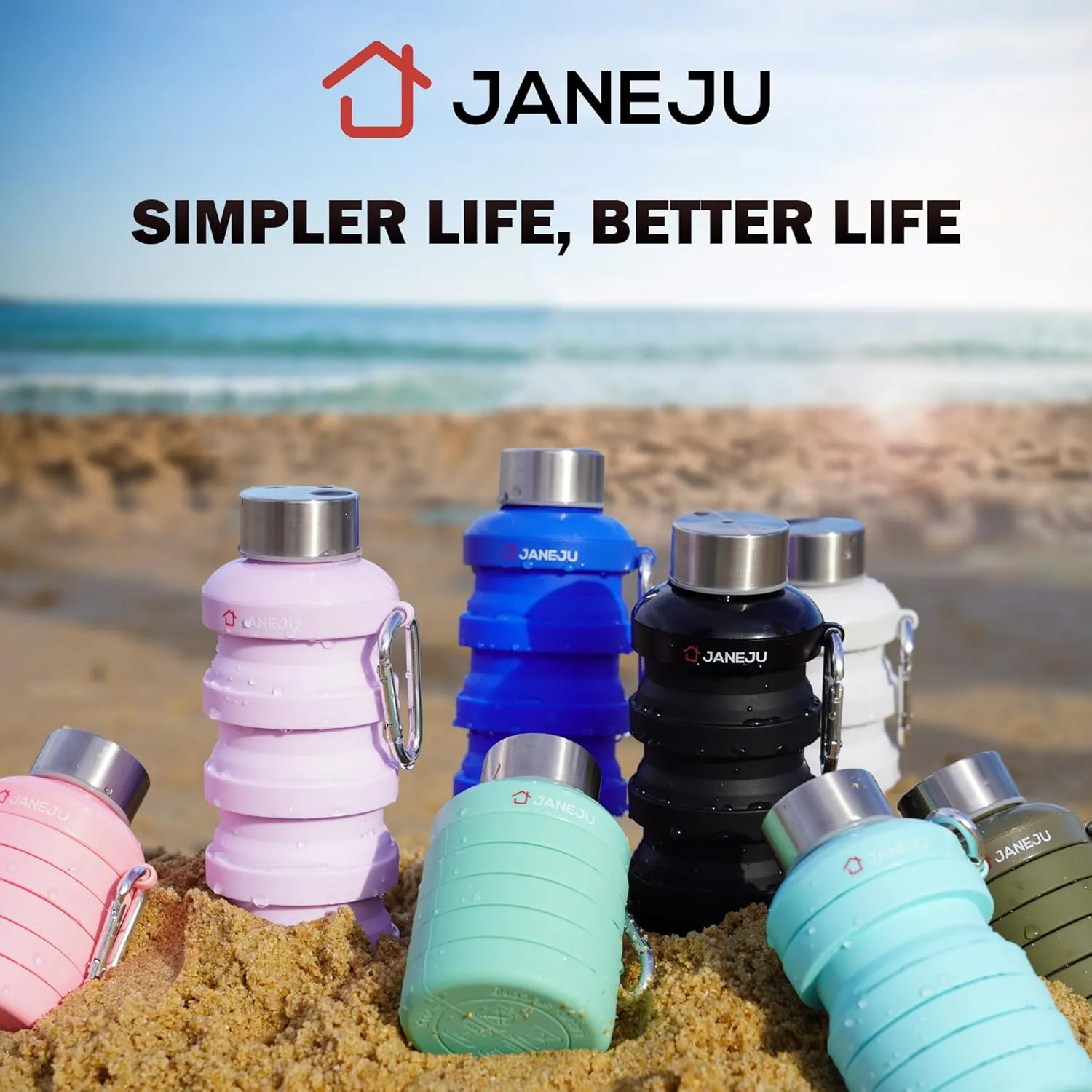 JaneJu Collapsible Water Bottle, 17oz BPA Free Silicone Reusable Portable Lightweight Foldable Water Bottles with Carabiner, Portable Leak Proof Sports Water Bottle (Blue)