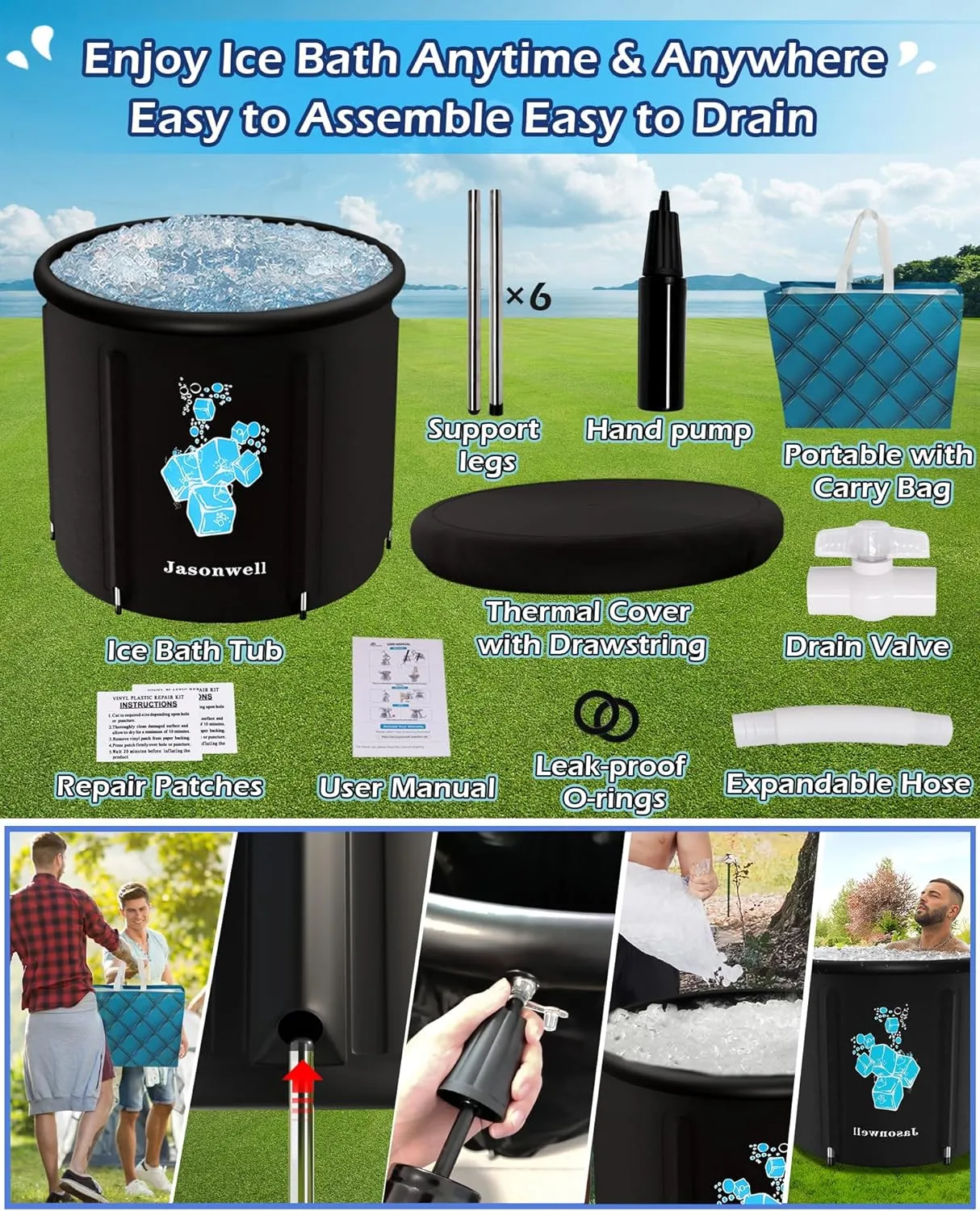 Jasonwell Ice Bath Tub for Athletes - Heavy Duty Cold Water Therapy Plunge Tub Ice Pod for Recovery Portable Ice Barrel Plunge Pool for Outdoor Inflatable Hot Tub Bathtub at Home for Adults