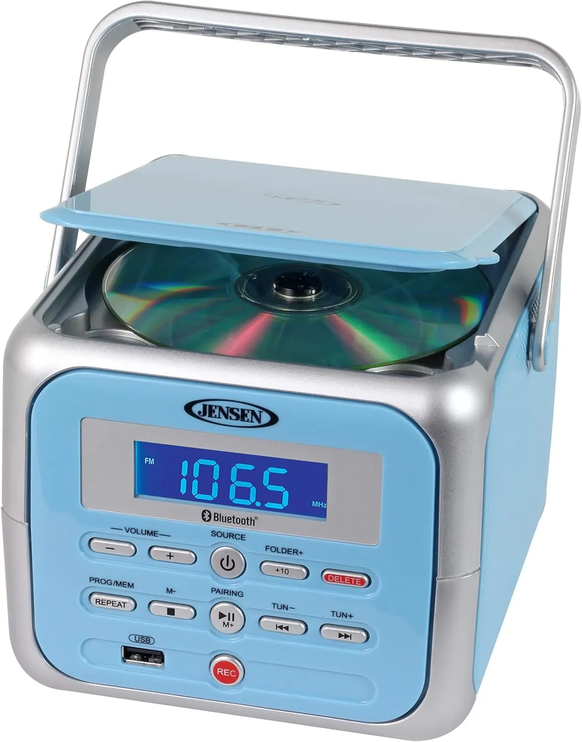 Jensen CD-660 Portable Stereo CD Player Boombox with Bluetooth | FM Radio | USB | Aux-in Headphone Jack | CD-R/RW MP3 Playback | (Sky Blue)