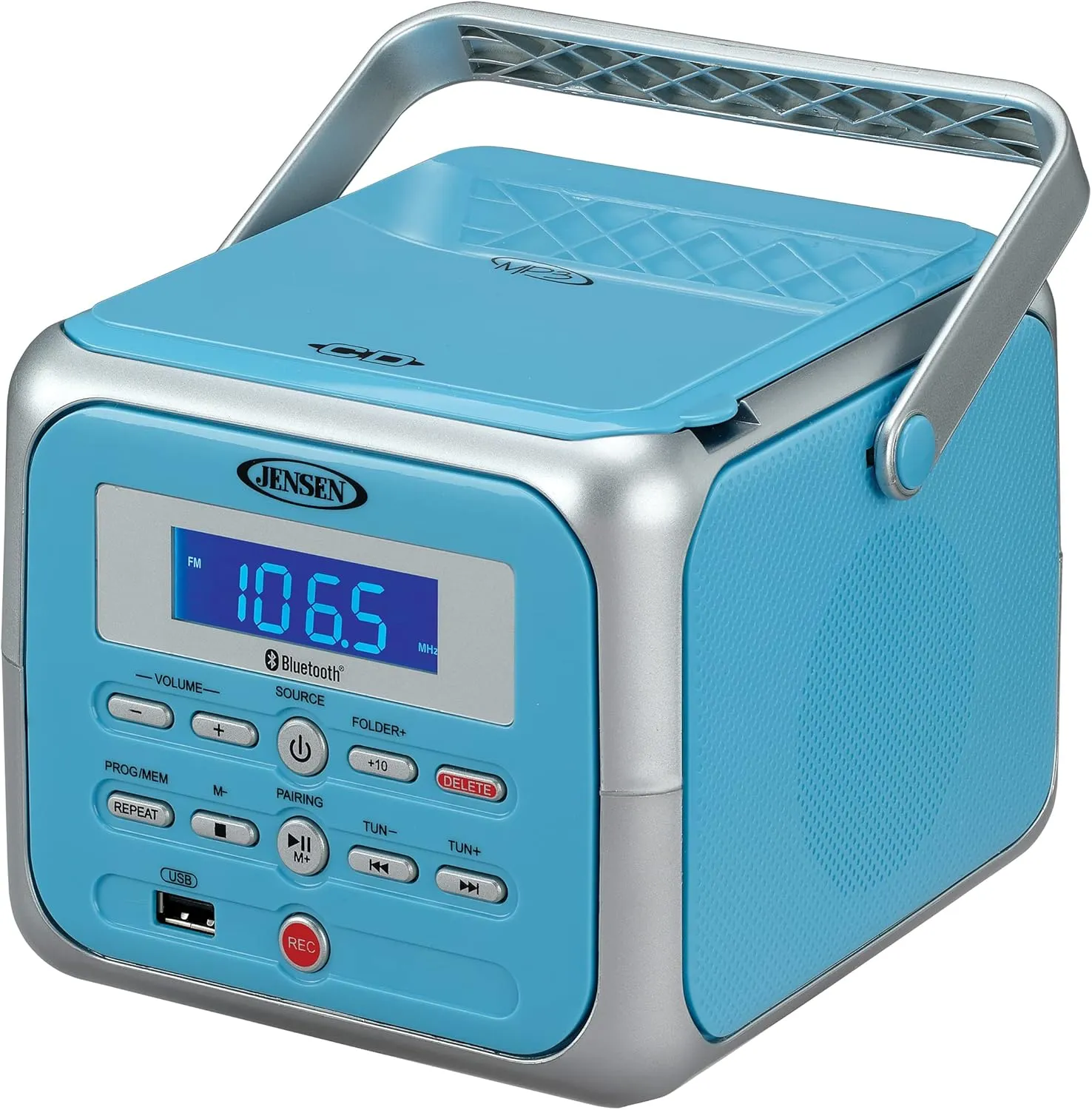 Jensen CD-660 Portable Stereo CD Player Boombox with Bluetooth | FM Radio | USB | Aux-in Headphone Jack | CD-R/RW MP3 Playback | (Sky Blue)