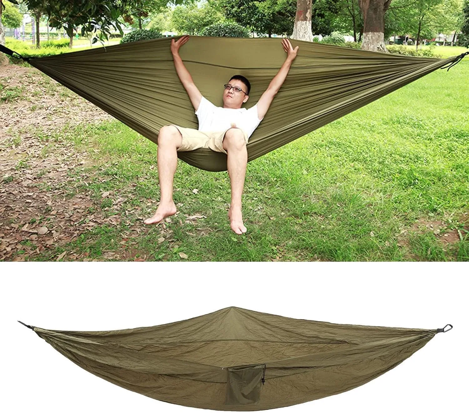 JEOZBM Camping Hammock, Double Portable Lightweight Camping Swing, Tree Straps Swing Hammock Bed for Outdoor Backpacking Backyard Hiking(300-army Green)