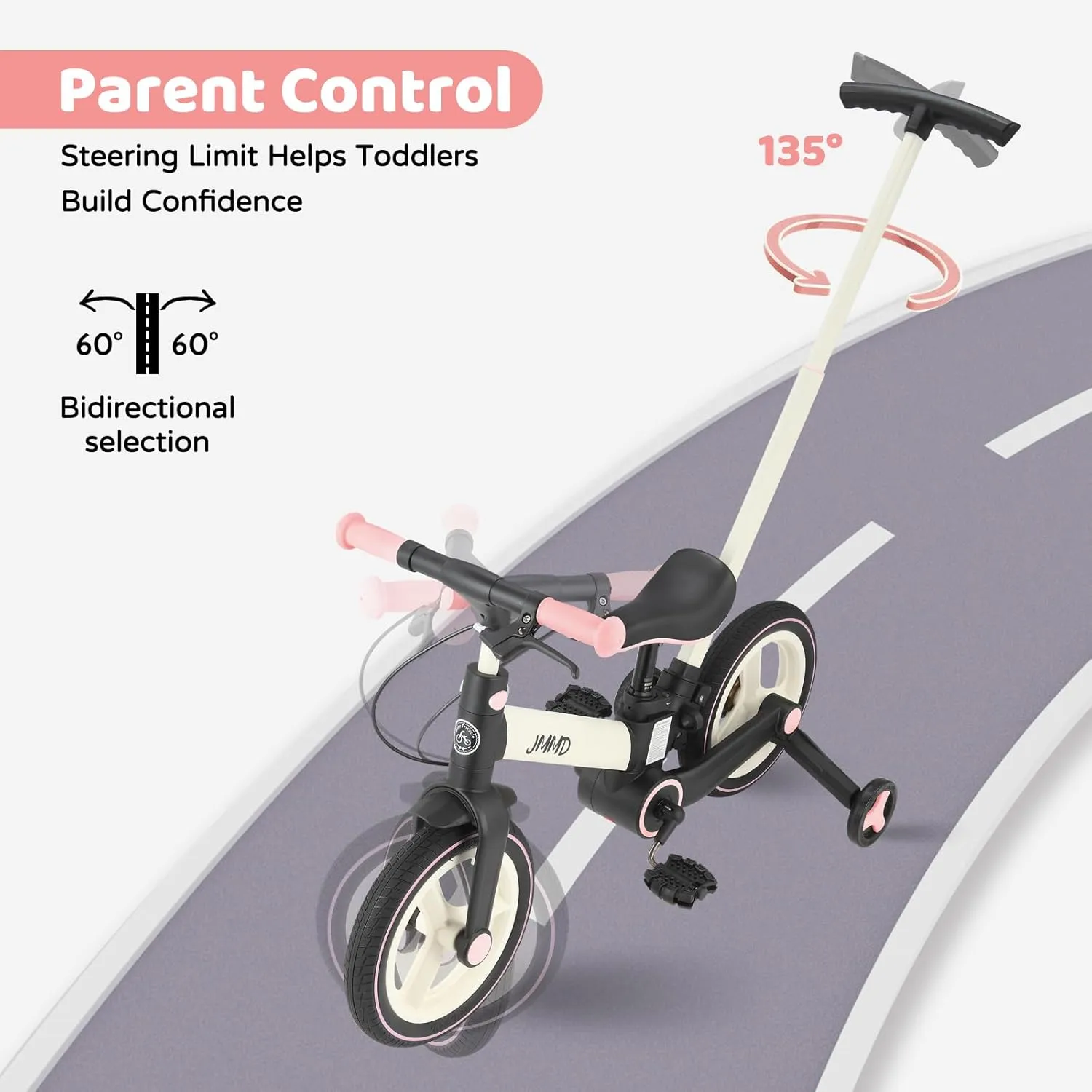 JMMD Toddler Bike with Push Handle for Kids 18-60 Months, 6 in 1 Foldable Push Bike with Training Wheels, Pedals, Brakes, Kickstand, Kid Balance Bike Gift & Toys for Boy & Girl