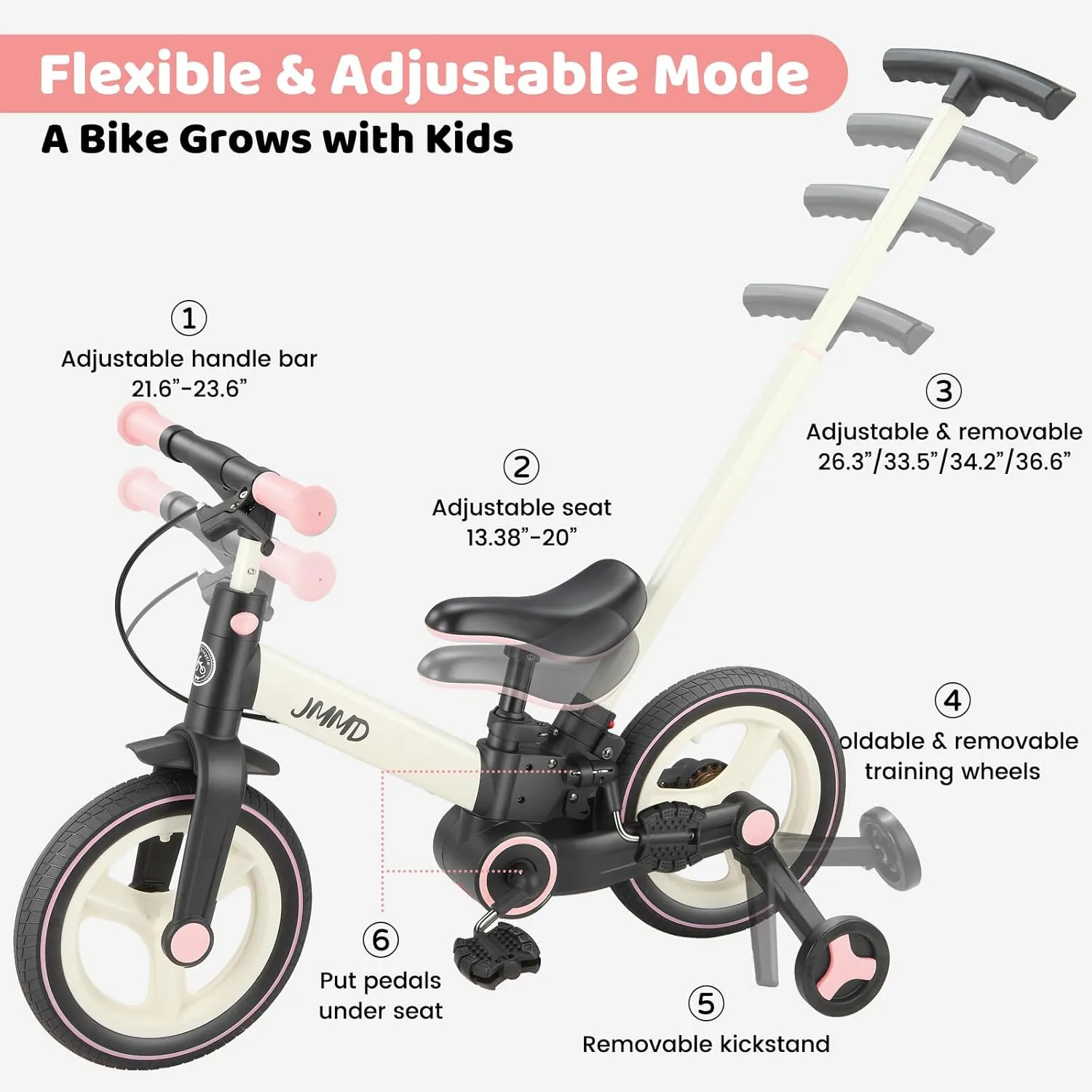 JMMD Toddler Bike with Push Handle for Kids 18-60 Months, 6 in 1 Foldable Push Bike with Training Wheels, Pedals, Brakes, Kickstand, Kid Balance Bike Gift & Toys for Boy & Girl