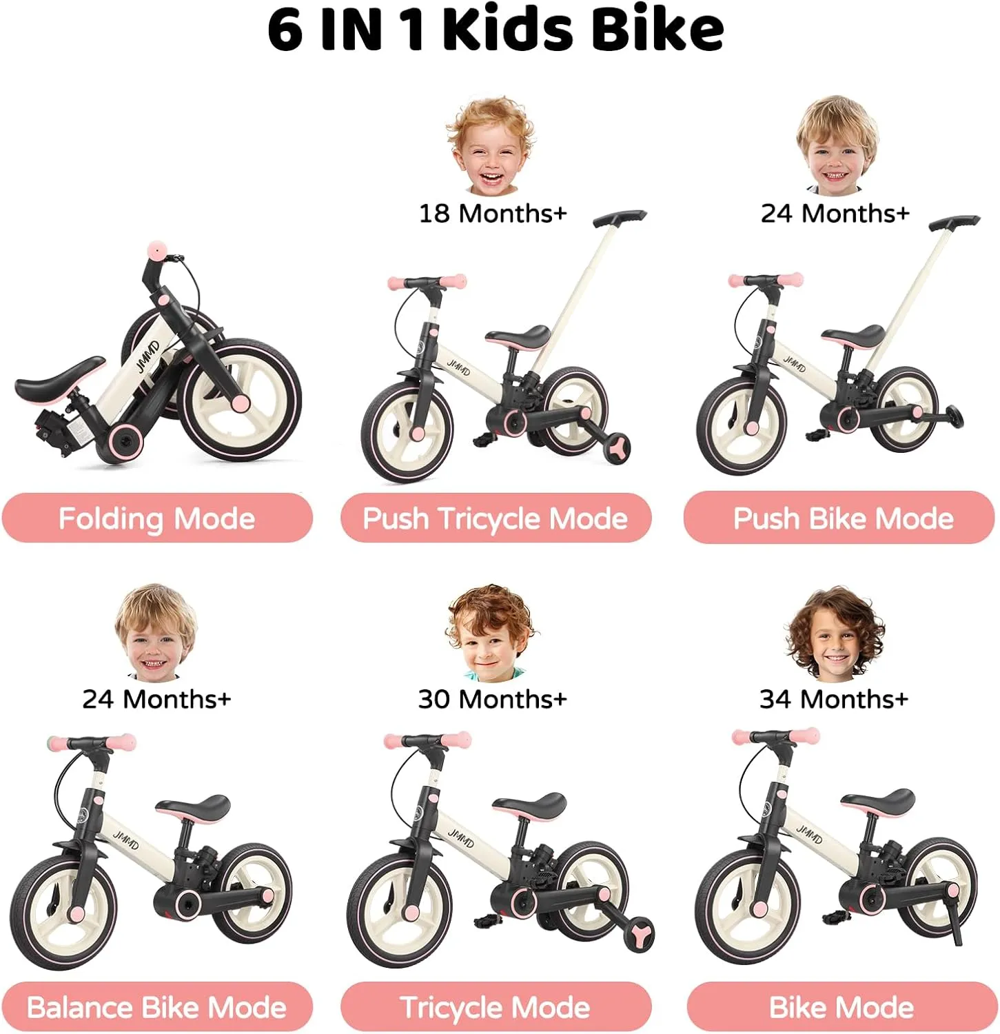 JMMD Toddler Bike with Push Handle for Kids 18-60 Months, 6 in 1 Foldable Push Bike with Training Wheels, Pedals, Brakes, Kickstand, Kid Balance Bike Gift & Toys for Boy & Girl