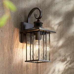 John Timberland Deaver Modern Outdoor Wall Light Fixture Oil Rubbed Bronze 15 1/4" Clear Water Glass Lantern Dusk to Dawn Motion Security Sensor Exterior House Porch Patio Outside Deck Garage