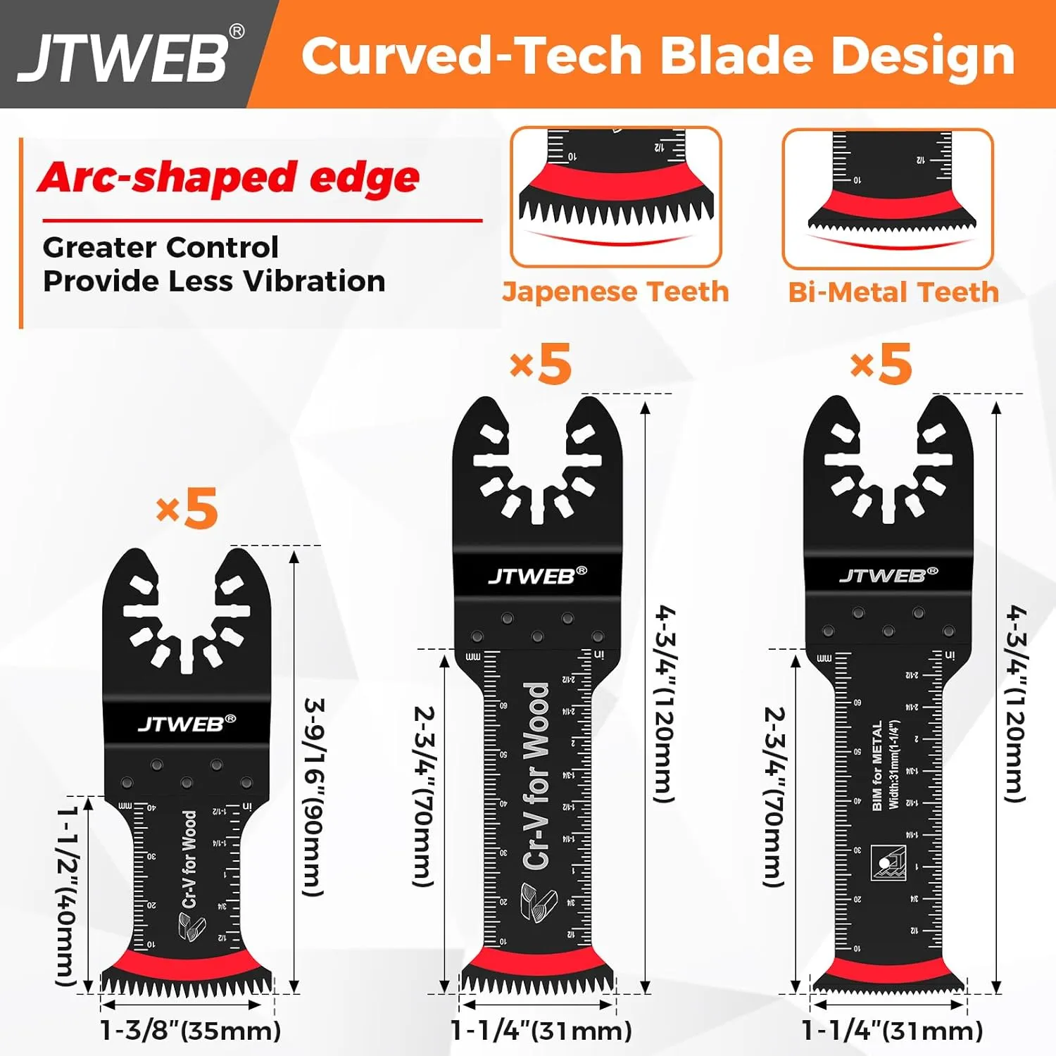 JTWEB 15PCS Multi Tool Blades Kits, Bi-Metal Oscillating Tool Blade Metal Cutting, Japanese Tooth Oscillating Saw Blades Clean Cut for Wood, Plastic, Extra Long Multitool Blades, Universal for Bosch