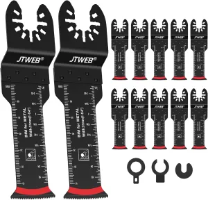 JTWEB Extra Long Oscillating Saw Blades - 12PCS Arc-Shaped Edge Bi-Metal Multitool Blades Precise Cut for Wood with Nails, Metal, Universal Quick Release Power Oscillating Tool Blades Kits