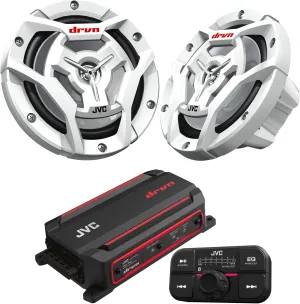JVC KS-DR2104DBT Bluetooth 4-Channel Compact Digital Amplifier 50W RMS x 4 @ 4 ohms with 2 Pairs CS-DR6201MW 6.5" Marine Speakers w/White Grills for Car, Marine, UTV and Motorcycle