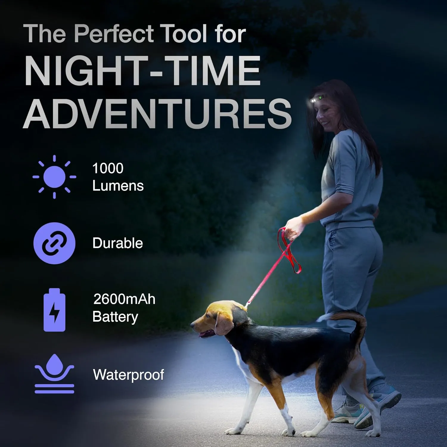 K-Bern Red & White Rechargeable Headlamp.1000 Lumen, UL Approved 2600 mAh Battery, Super Bright Head Lights Waterproof, Lightweight Aluminum, Perfect for Work, Dog Walking, Camping & Hiking