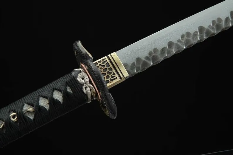 Katana Damascus Folded Hammer Pattern Steel Blade Japanese Samurai Sword Tanshe Tsuba Ebony Wood Saya