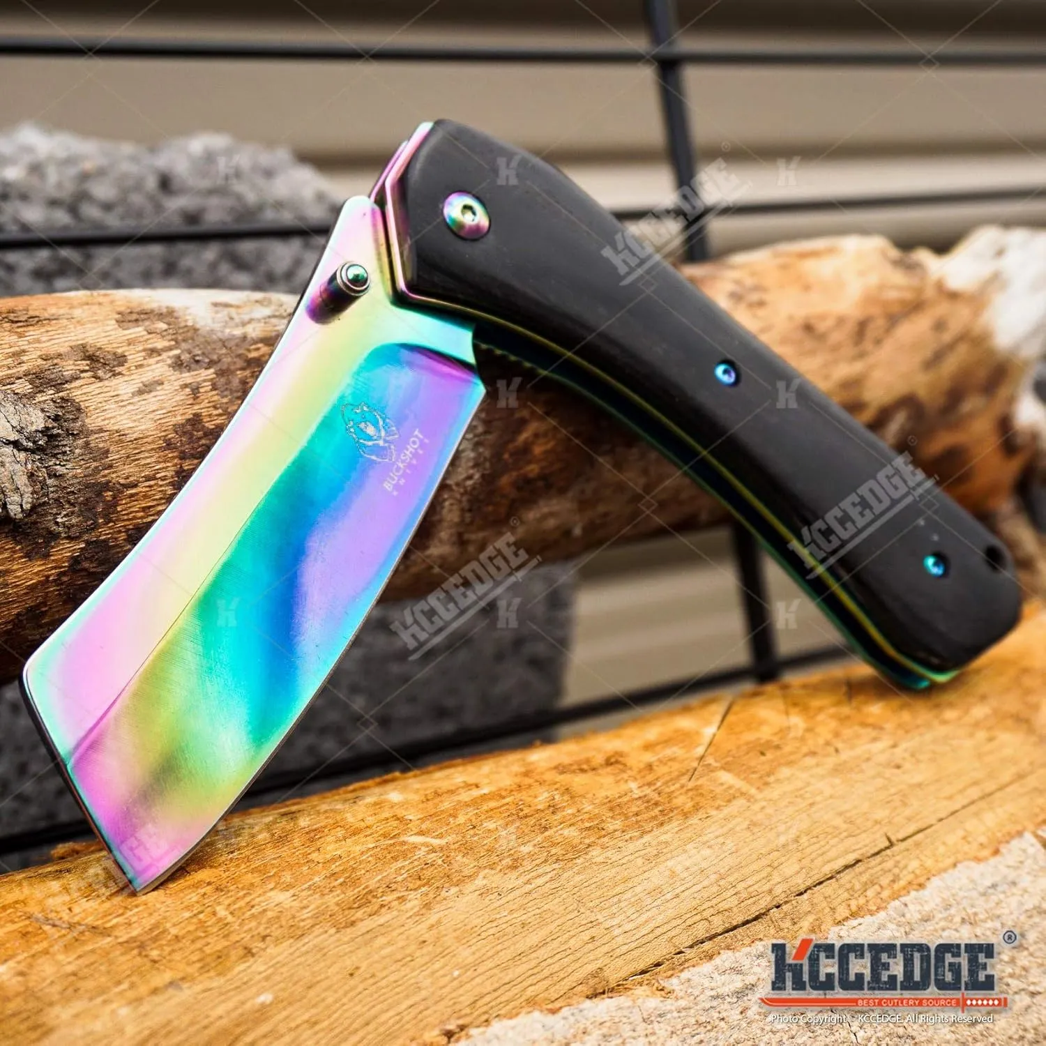 KCCEDGE BEST CUTLERY SOURCE EDC Pocket Knife Camping Accessories Razor Sharp Edge Cleaver Blade Folding Knife for Camping Gear Survival Kit 58649 (Black Rainbow)